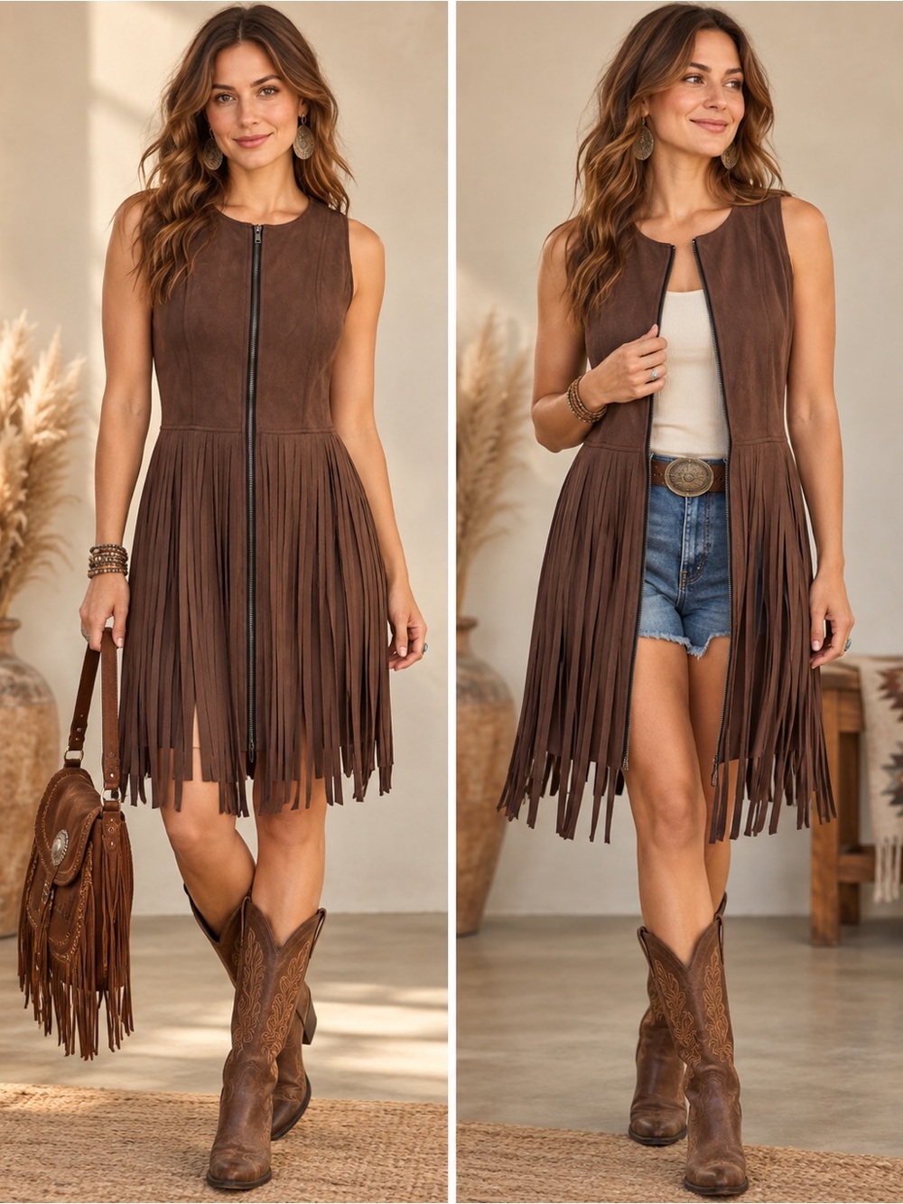 Relish Noless Brown Faux Suede Fringe Zip Front Western Vest Dress Boho Cowgirl